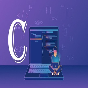 The purple background with a laptop coding C Programming