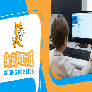 A child learning to code using scratch for a kid's platform on a computer.